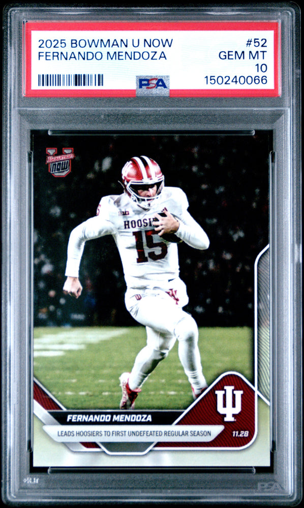 Graded 2025 Topps Bowman U Now Fernando Mendoza #52 Leads Hoosiers to First Undefeated Regular Season Indiana Hoosiers Rookie RC Football Card PSA 10 Gem Mint
