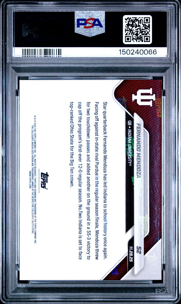 Graded 2025 Topps Bowman U Now Fernando Mendoza #52 Leads Hoosiers to First Undefeated Regular Season Indiana Hoosiers Rookie RC Football Card PSA 10 Gem Mint