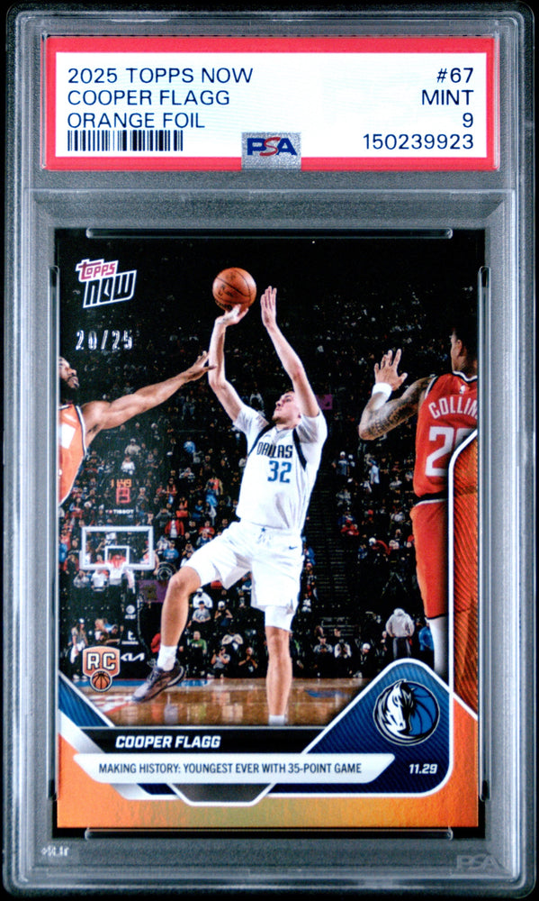 Graded 2025 Topps Now Cooper Flagg #67 Orange Foil /25 Rookie RC Basketball Card PSA 9 Mint