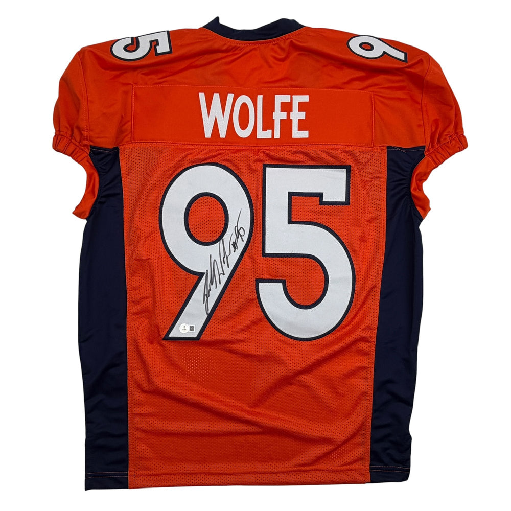 Autographed/Signed Derek Wolfe Denver Orange Pro Cut Football Jersey Beckett BAS COA