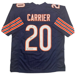 Autographed/Signed Mark Carrier "90 DROY" Chicago Blue Football Jersey JSA COA