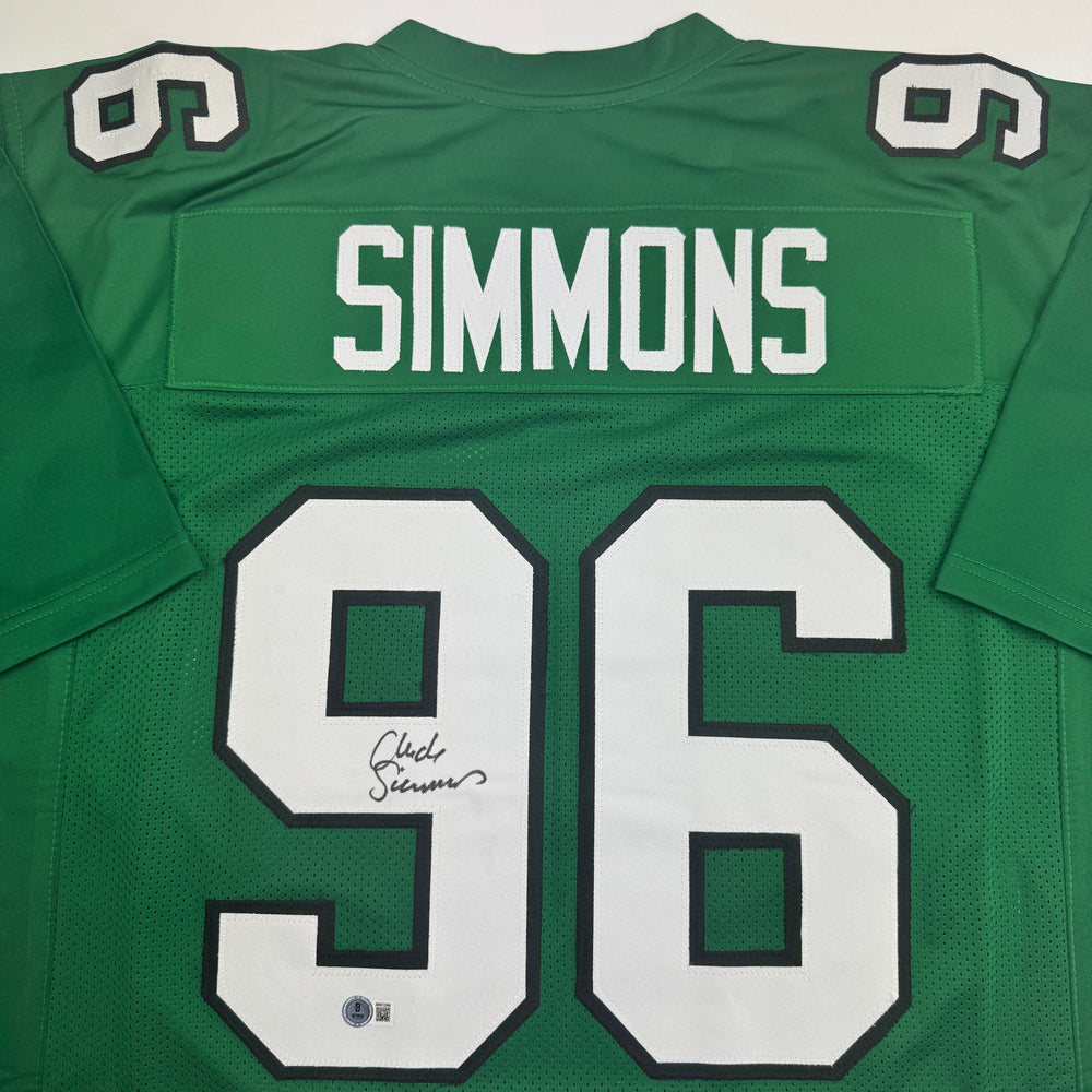 Autographed/Signed Clyde Simmons Philadelphia Kelly Green Football Jersey Beckett BAS COA