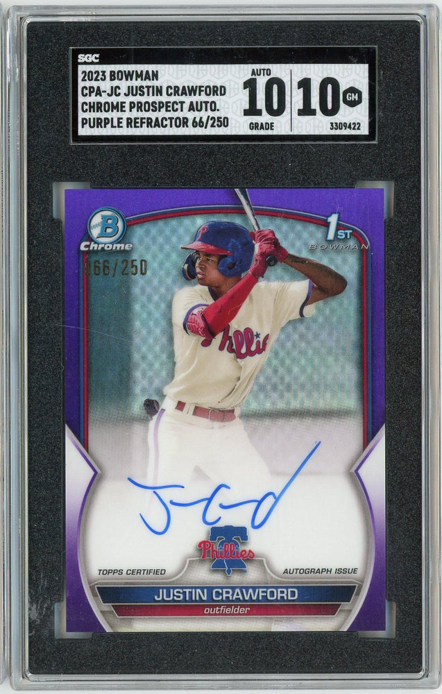 Graded 2023 Bowman Justin Crawford #CPAJC /250 Chrome Prospect Auto Purple Refractor Rookie RC Baseball Card SGC 10 Auto 10