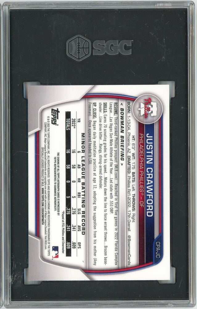 Graded 2023 Bowman Justin Crawford #CPAJC /250 Chrome Prospect Auto Purple Refractor Rookie RC Baseball Card SGC 10 Auto 10
