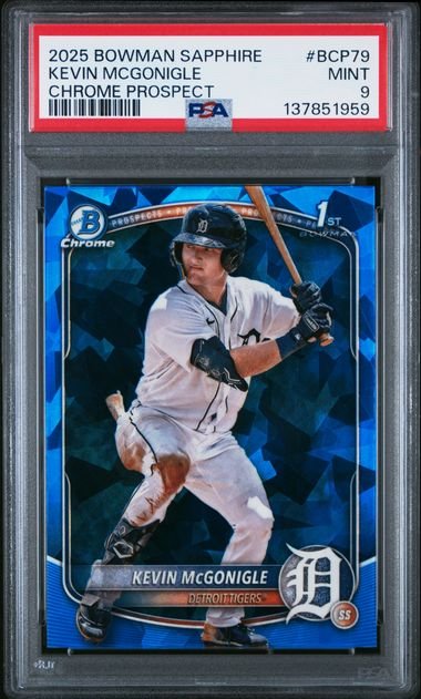 Graded 2025 Topps Bowman Sapphire Kevin McGonigle #BCP79 Chrome Prospect Rookie RC Baseball Card PSA 9 Mint