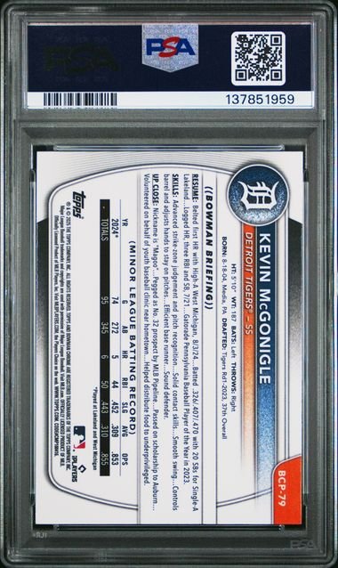 Graded 2025 Topps Bowman Sapphire Kevin McGonigle #BCP79 Chrome Prospect Rookie RC Baseball Card PSA 9 Mint