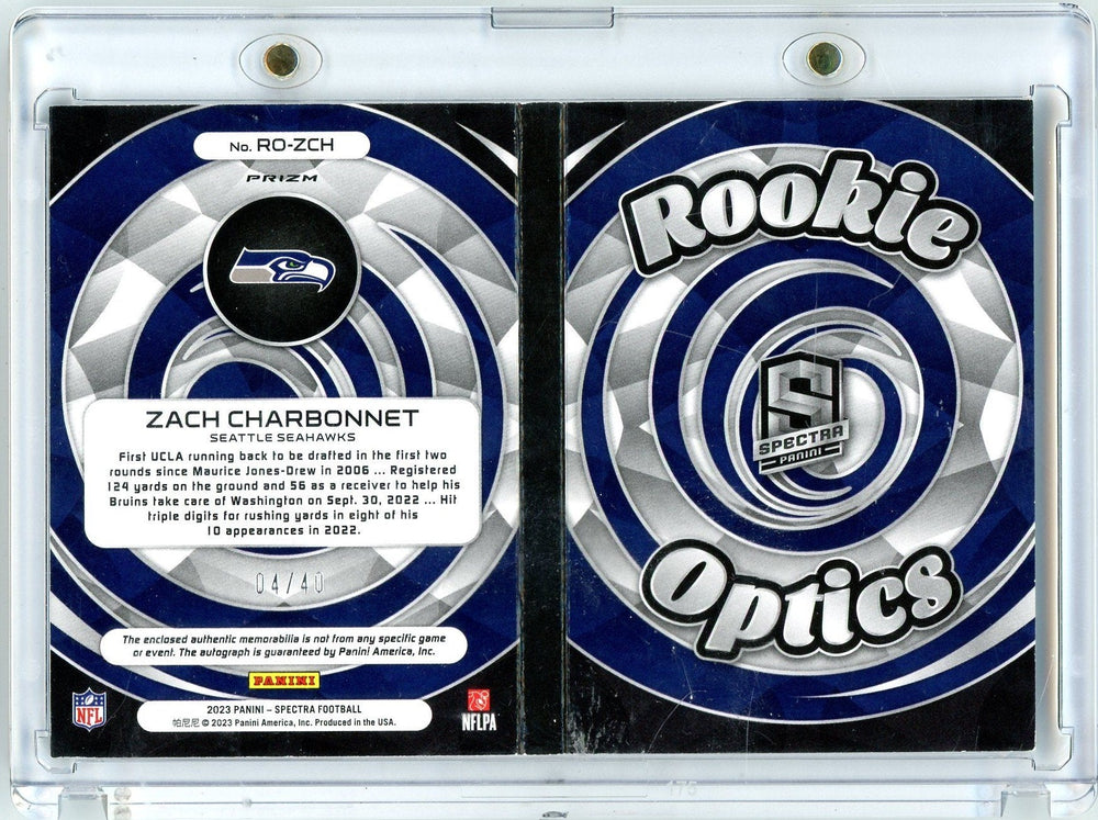2023 Panini Spectra Zach Charbonnet #ROZCH /40 Rookie Optics Booklet RPA Auto Rookie RC Football Card