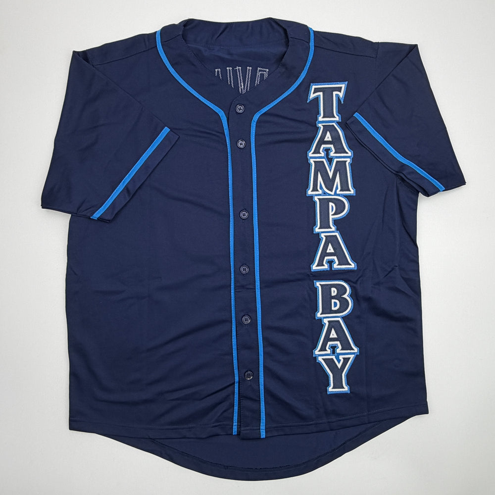 Autographed/Signed Garrett Cleavinger Tampa Bay Navy Blue Baseball Jersey JSA COA