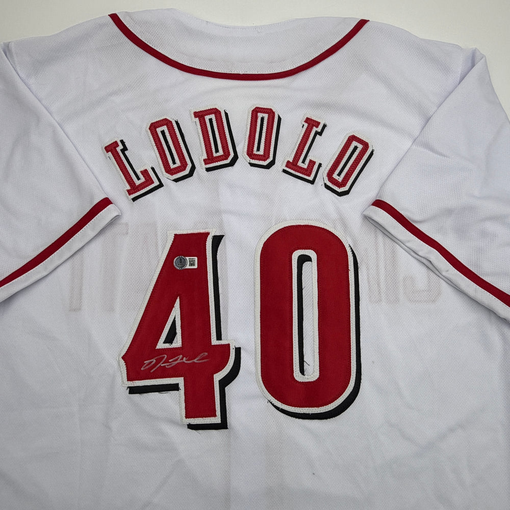Autographed/Signed Nick Lodolo Cincinnati White Baseball Jersey Beckett BAS COA