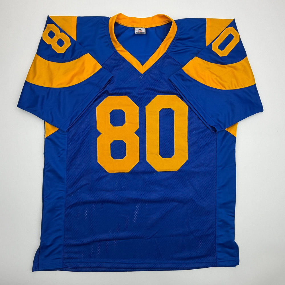 Autographed/Signed Isaac Bruce Los Angeles LA Retro Blue Football Jersey Beckett BAS COA