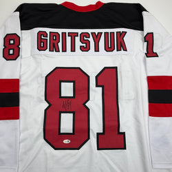 Autographed/Signed Arseni Gritsyuk New Jersey NJ White Hockey Jersey JSA COA