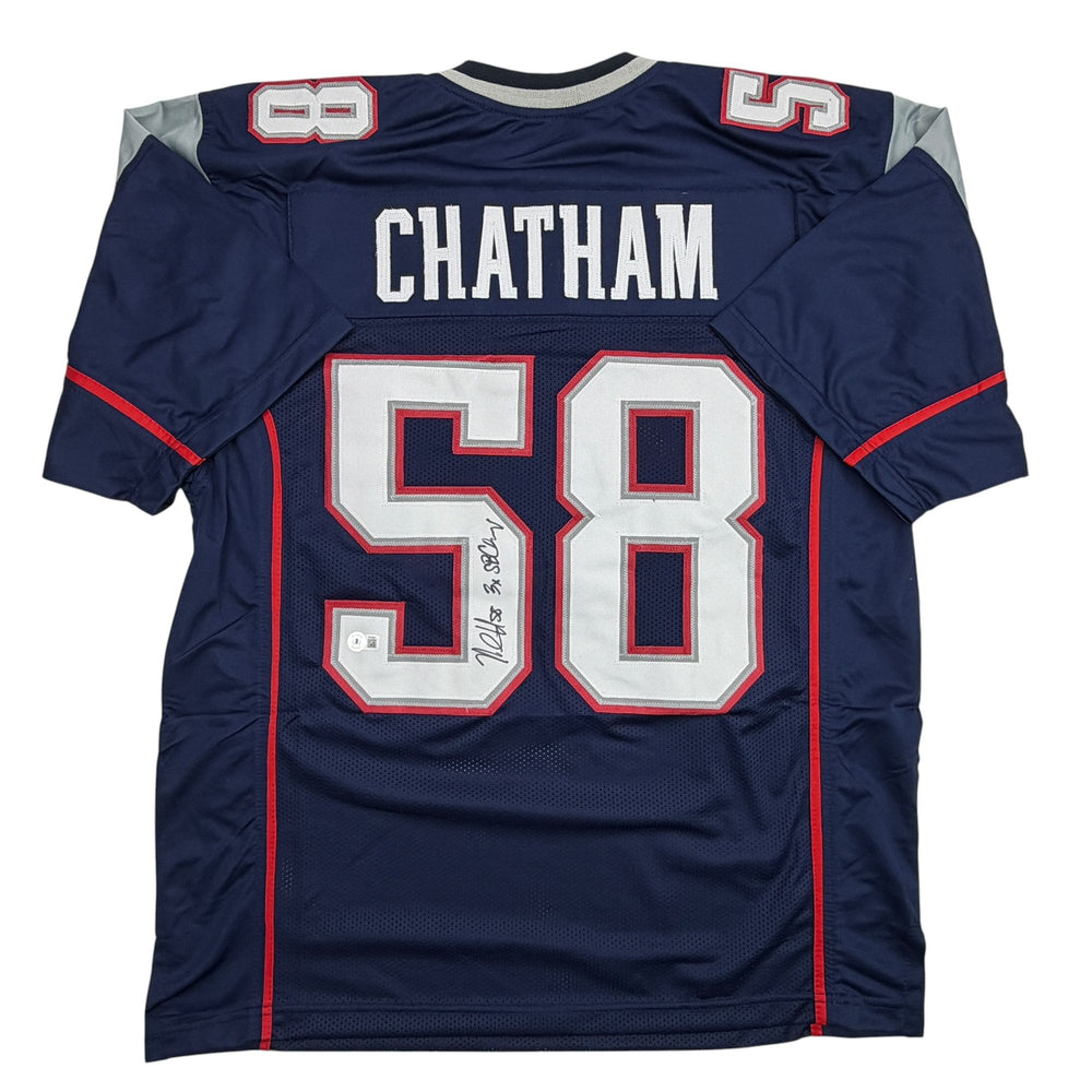 Autographed/Signed Matt Chatham 3x SB Champ New England Blue Football Jersey Beckett BAS COA