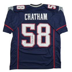 Autographed/Signed Matt Chatham 3x SB Champ New England Blue Football Jersey Beckett BAS COA
