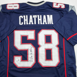 Autographed/Signed Matt Chatham 3x SB Champ New England Blue Football Jersey Beckett BAS COA