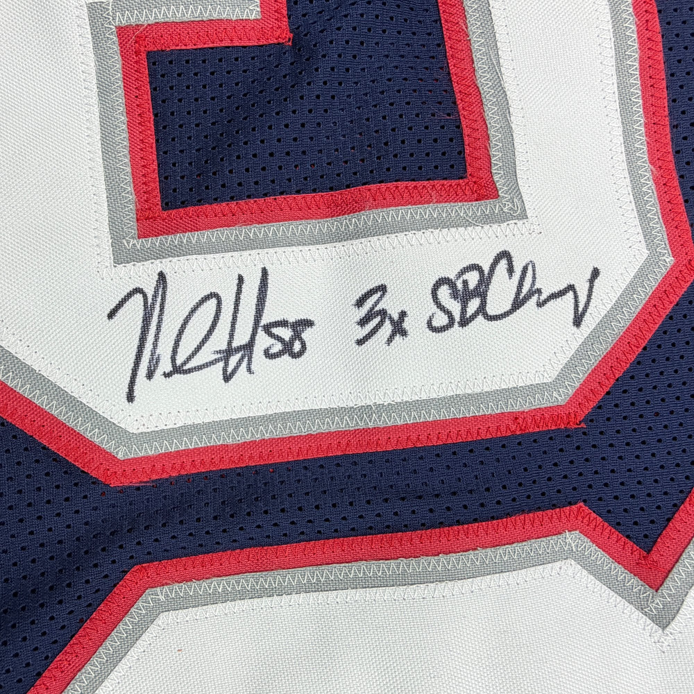 Autographed/Signed Matt Chatham 3x SB Champ New England Blue Football Jersey Beckett BAS COA