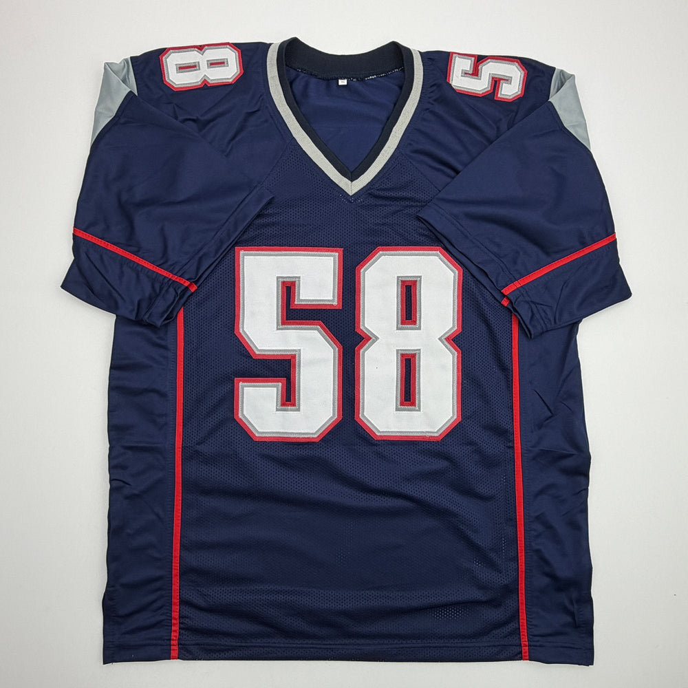 Autographed/Signed Matt Chatham 3x SB Champ New England Blue Football Jersey Beckett BAS COA