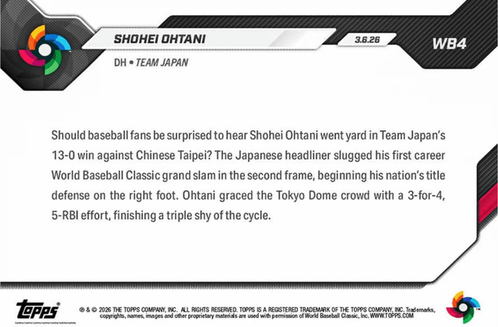 2026 Topps Now World Baseball Classic Shohei Ohtani #WB4 1st Career World Baseball Classic Grand Slam Team Japan Baseball Card