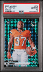 Graded 2025 Panini Mosaic RJ Harvey #284 Green Rookie RC Football Card PSA 10 Gem Mint