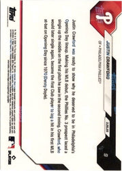2026 Topps Now Justin Crawford #9 Black Foil /10 1st Hit in 1st At Bat Logs Team Opening Day History Philadelphia Phillies Rookie RC Baseball Card
