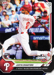 2026 Topps Now Justin Crawford #9 Black Foil /10 1st Hit in 1st At Bat Logs Team Opening Day History Philadelphia Phillies Rookie RC Baseball Card