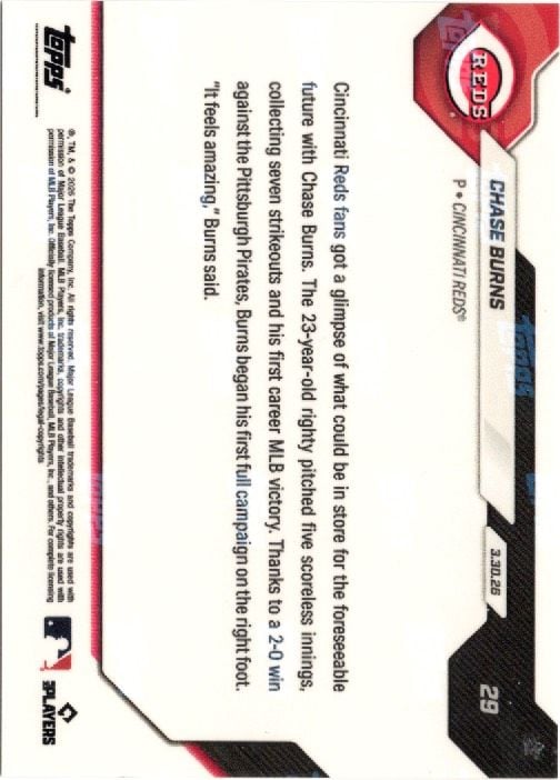 2026 Chase Burns #29 Black Foil /10 Young Fireballer Secures 1st Career MLB Victory Cincinnati Reds Rookie RC Baseball Card