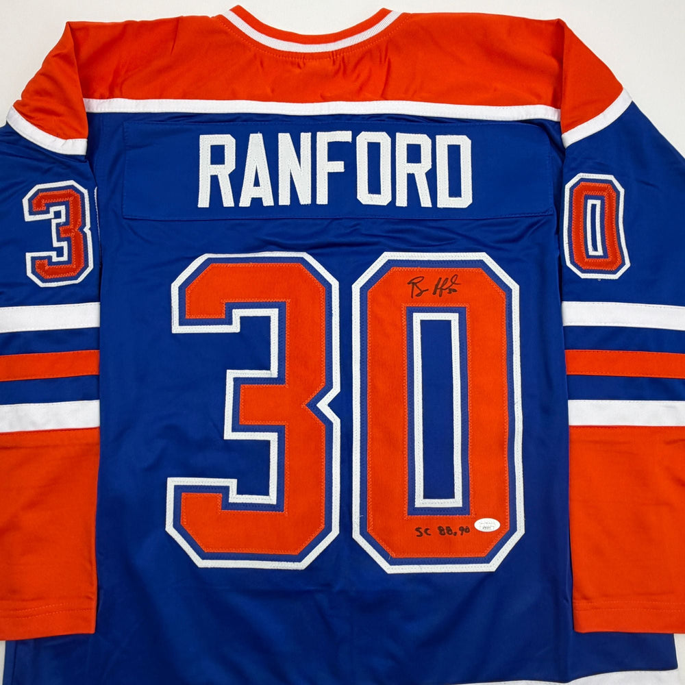 Autographed/Signed Bill Ranford Edmonton Blue Hockey Jersey JSA COA