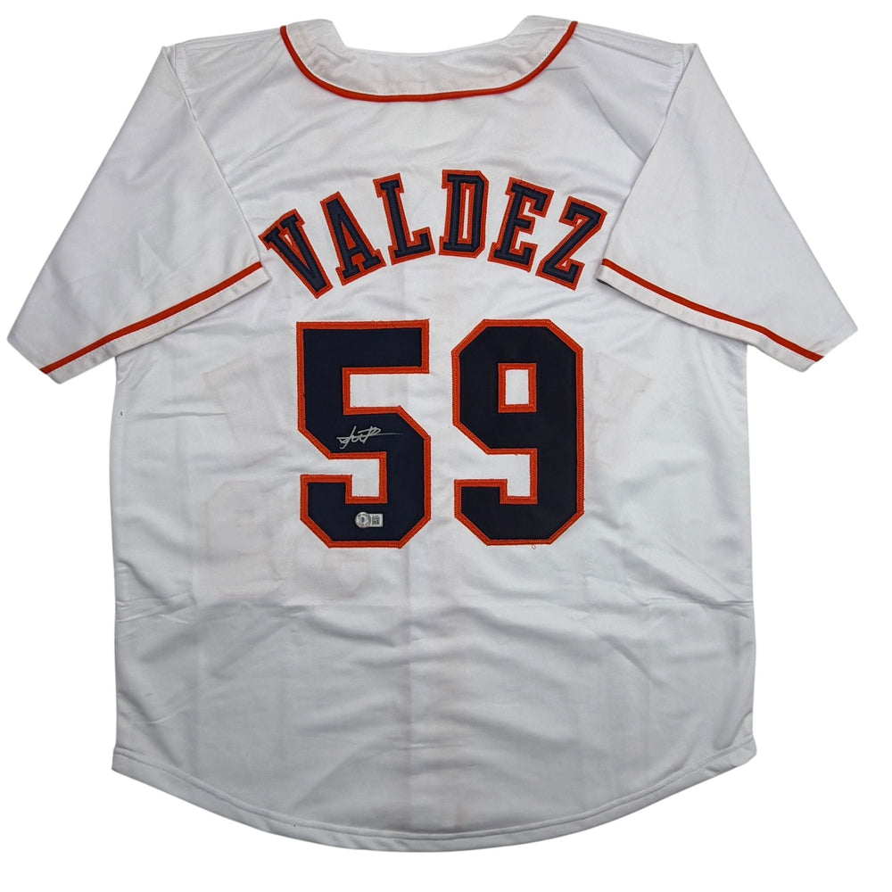 Autographed/Signed Framber Valdez Houston White Baseball Jersey Beckett BAS COA