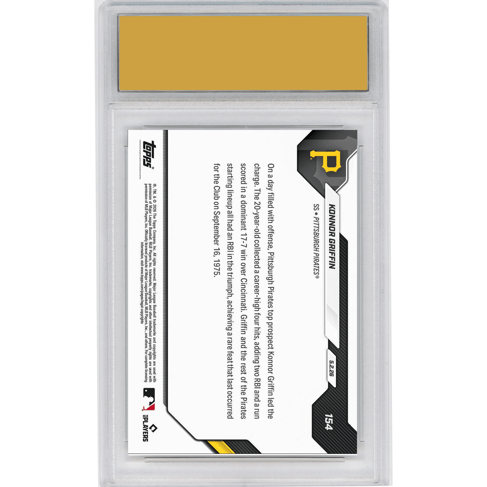 Graded 2026 Topps Now Konnor Griffin #154 1st Career 4 Hit Day Paces Pirates Huge Win Pittsburgh Pirates Rookie RC Baseball Card HOFSM 10 Gem Mint