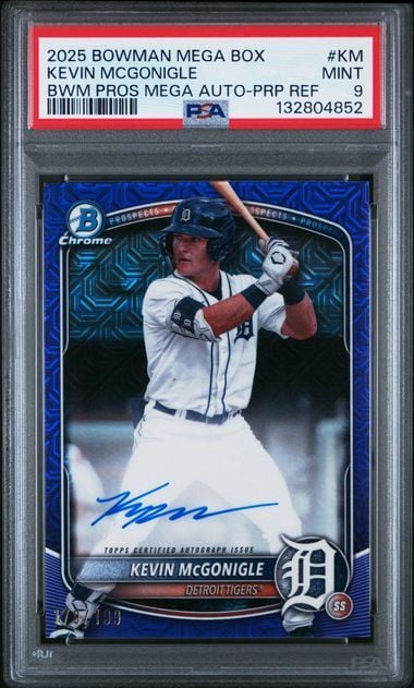 Graded 2025 Topps Bowman Mega Box Kevin McGonigle #KM Purple Refractor Auto /199 Rookie RC Baseball Card PSA 9 Mint