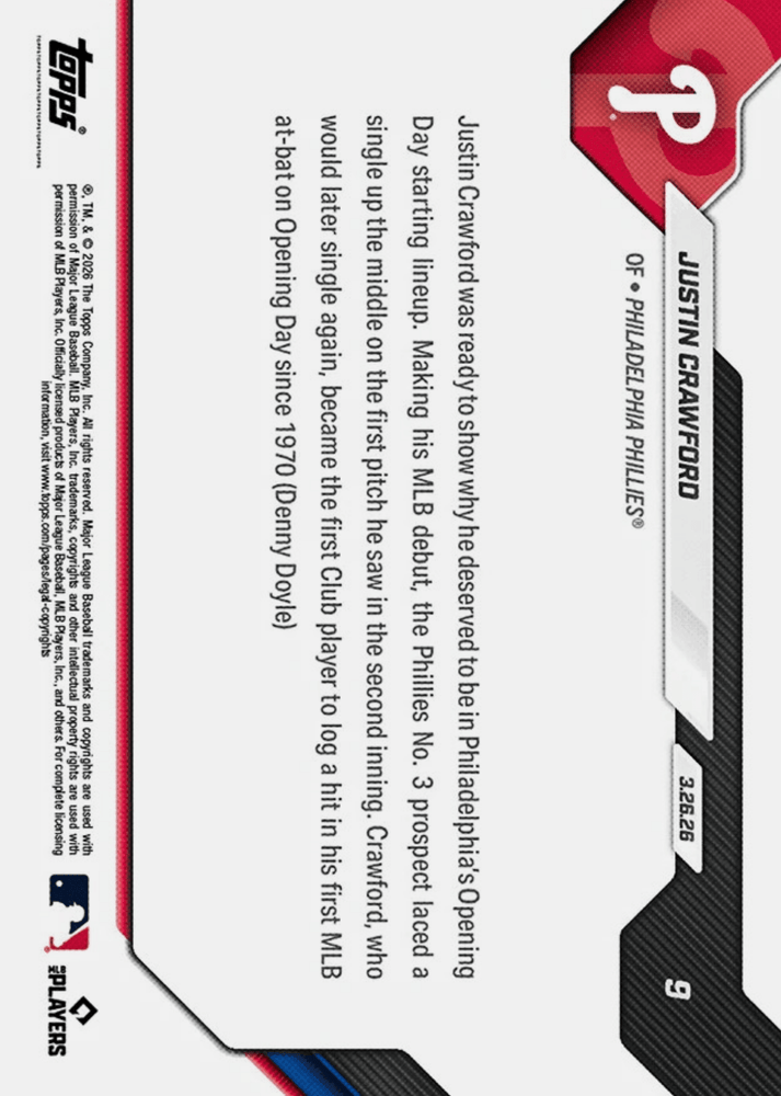 2026 Topps Now Justin Crawford #39 Red Foil /5 Youngest Club Player with Walk Off Hit Since '97 Philadelphia Phillies Rookie RC Baseball Card