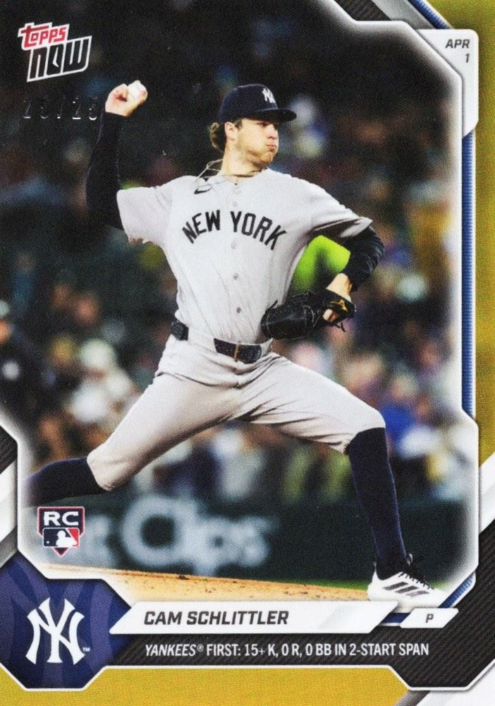 2026 Topps Now Cam Schlittler #41 Orange Foil /25 Yankees First: 15+ K, 0 R, 0 BB in 2 Start Span New York Yankees Rookie RC Baseball Card