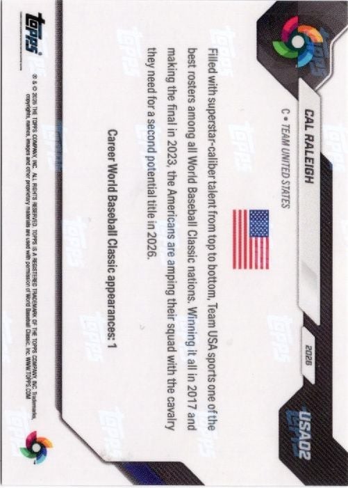 2026 Topps Now WBC Cal Raleigh #USA02 Logo Refractor Team USA Baseball Card