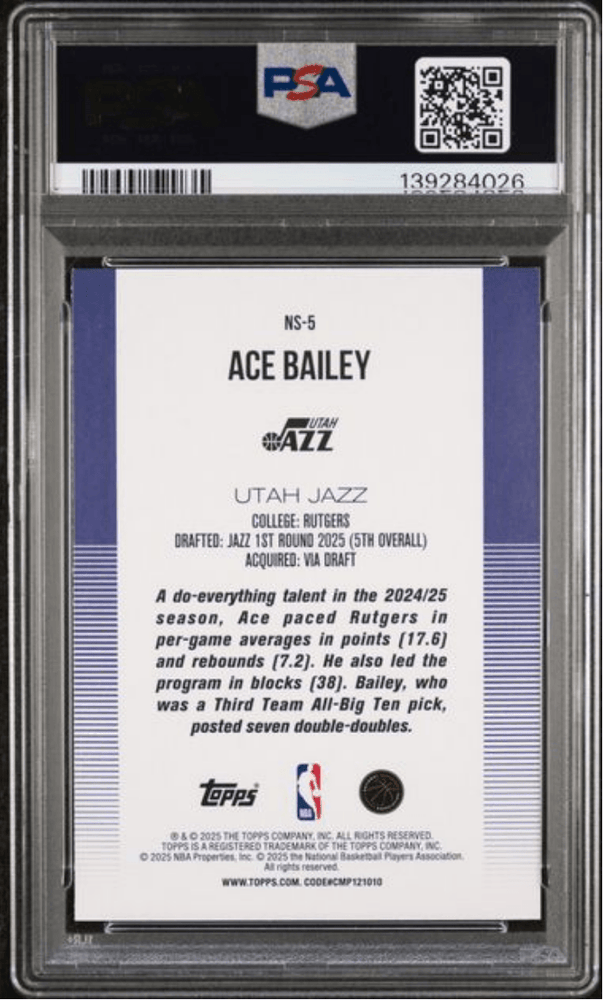 Graded 2025 Topps Ace Bailey #NS5 New School Rookie RC Basketball Card PSA 10 Gem Mint