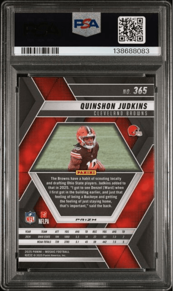 Graded 2025 Panini Mosaic Quinshon Judkins #365 Red & White Stripe Rookie RC Football Card PSA 10 Gem Mint
