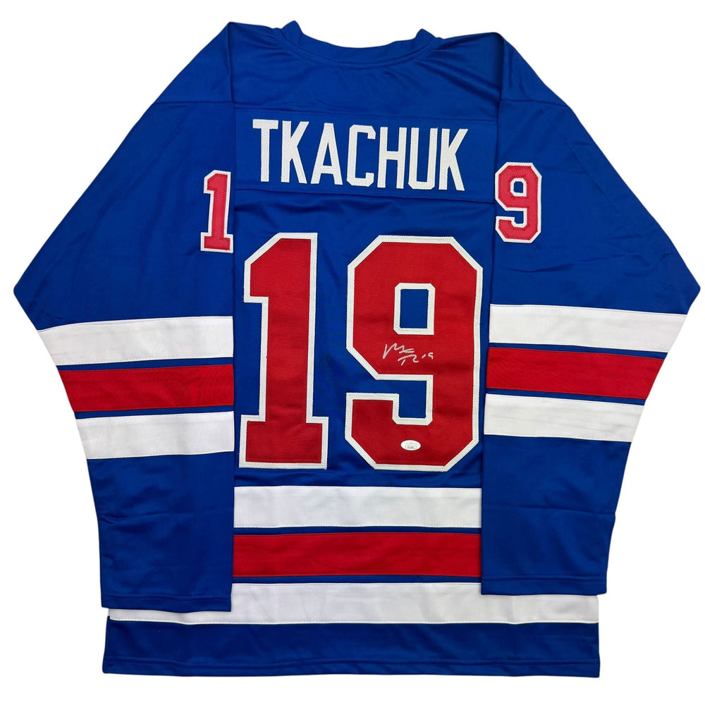 Autographed/Signed Matthew Tkachuk USA United States 2026 Olympics Gold Medal Blue Hockey Jersey JSA COA