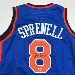 Autographed/Signed Latrell Sprewell New York Blue Basketball Jersey Beckett BAS COA