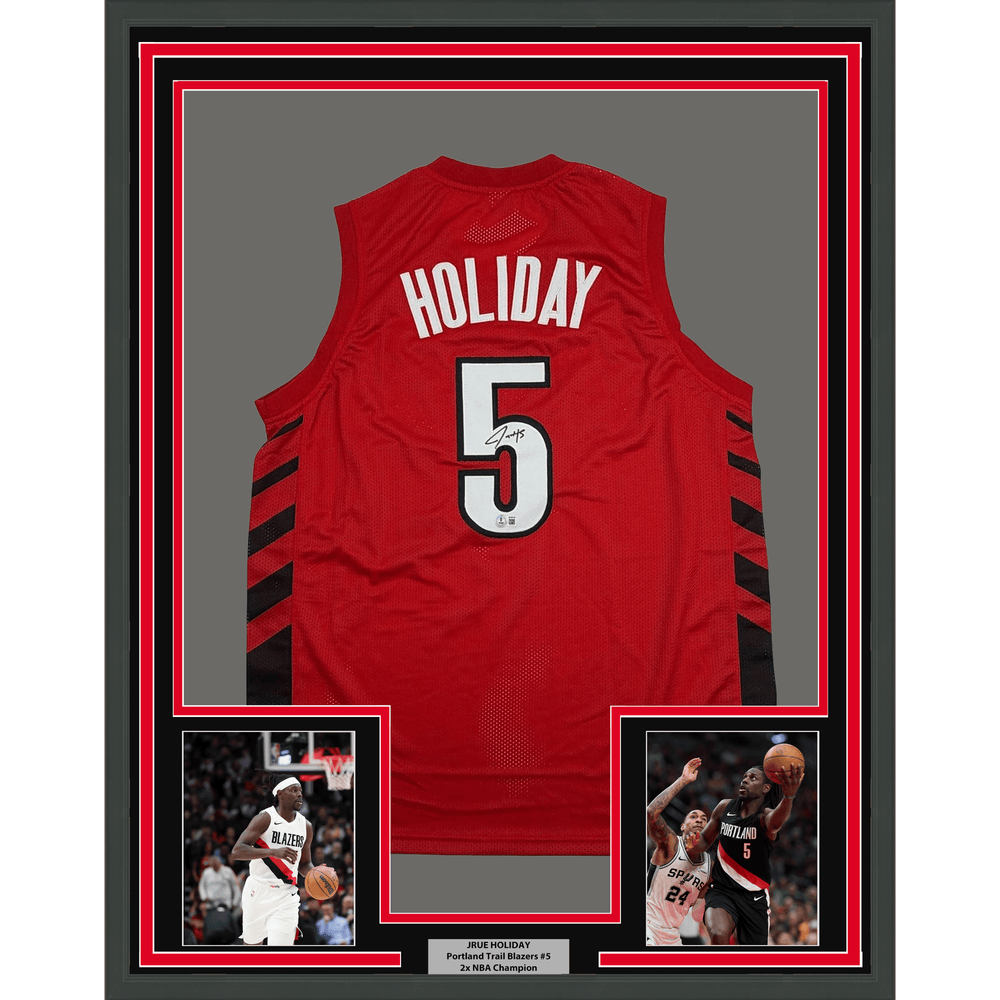 Framed Autographed/Signed Jrue Holiday 35x39 Portland Red Basketball Jersey Beckett BAS COA
