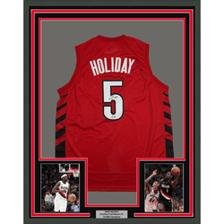 Framed Autographed/Signed Jrue Holiday 35x39 Portland Red Basketball Jersey Beckett BAS COA