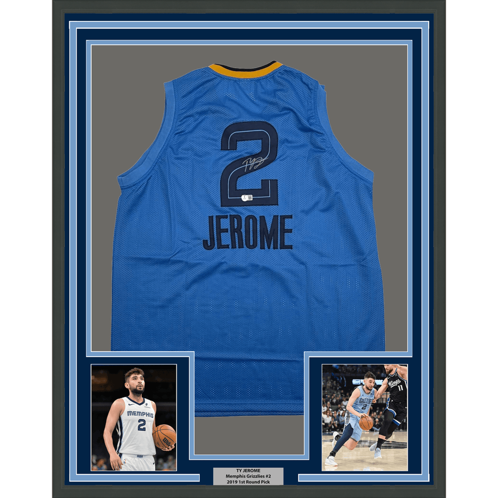 Framed Autographed/Signed Ty Jerome 35x39 Memphis Light Blue Basketball Jersey Beckett BAS COA