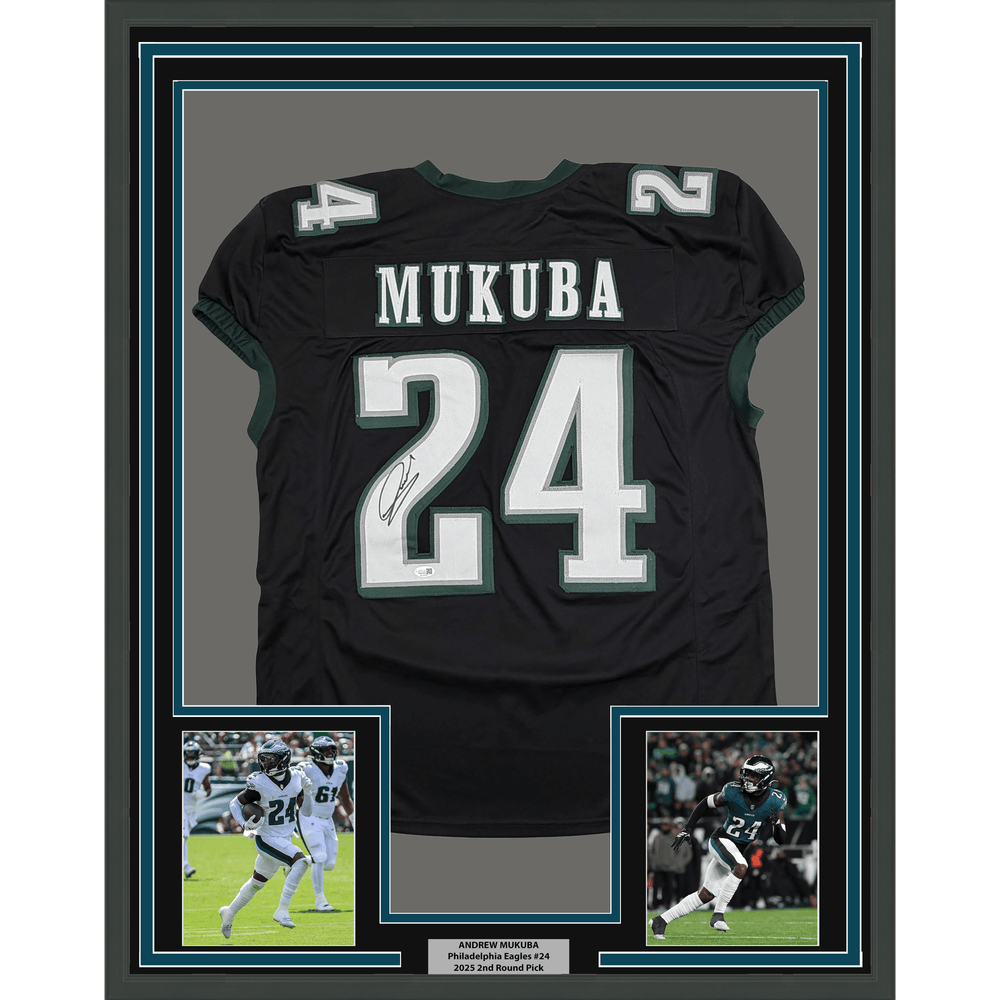 Framed Autographed/Signed Andrew Mukuba 35x39 Philadelphia Black Pro Cut Football Jersey JSA COA