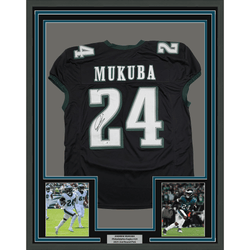 Framed Autographed/Signed Andrew Mukuba 35x39 Philadelphia Black Pro Cut Football Jersey JSA COA