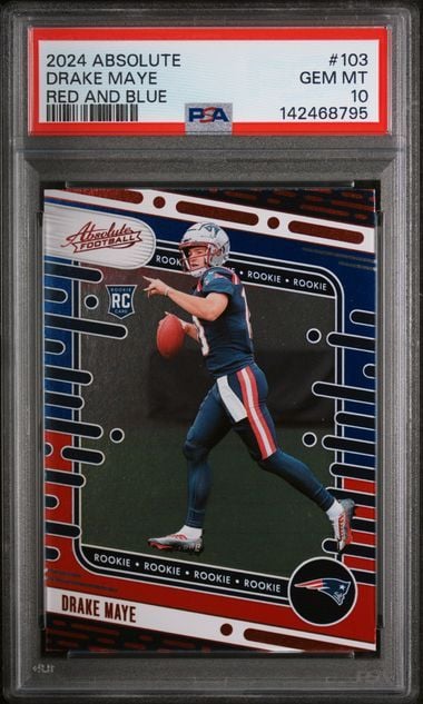 Graded 2024 Panini Absolute Drake Maye #103 Red and Blue Rookie RC Football Card PSA 10 Gem Mint