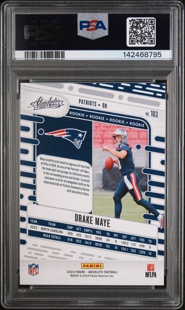 Graded 2024 Panini Absolute Drake Maye #103 Red and Blue Rookie RC Football Card PSA 10 Gem Mint