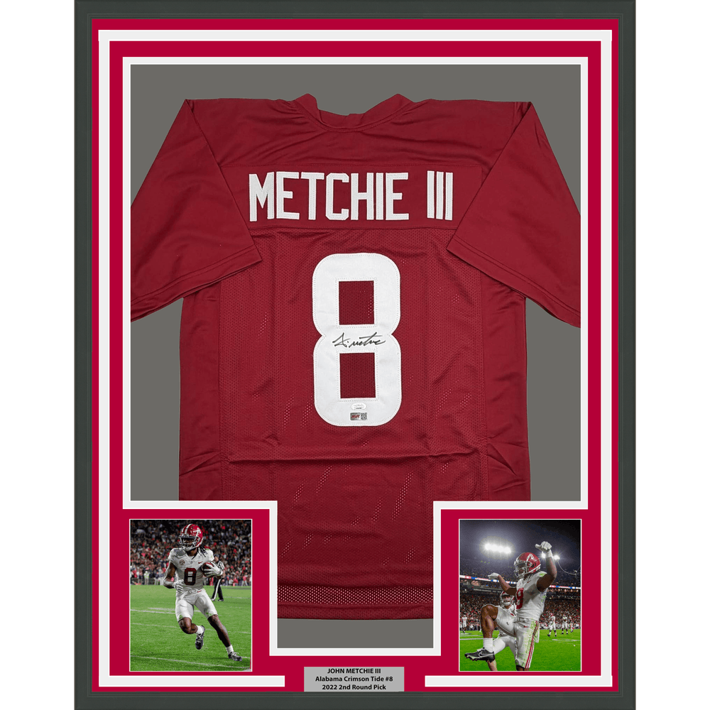 Framed Autographed/Signed John Metchie III 35x39 Alabama Red College Football Jersey JSA COA