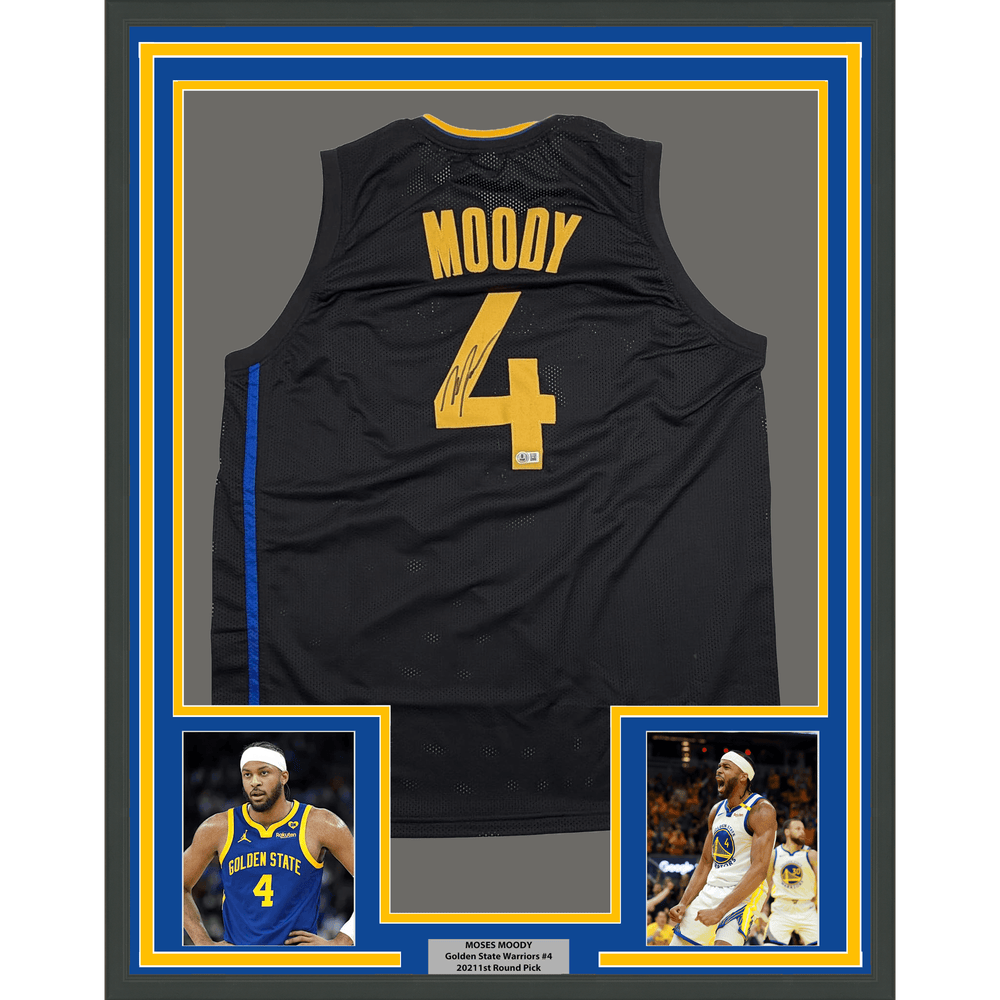 Framed Autographed/Signed Moses Moody 35x39 Golden State Black Basketball Jersey Beckett BAS COA