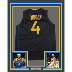 Framed Autographed/Signed Moses Moody 35x39 Golden State Black Basketball Jersey Beckett BAS COA