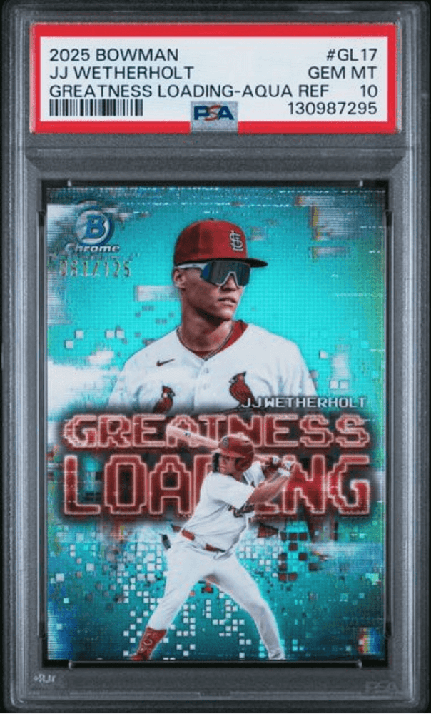 Graded 2025 Topps Bowman JJ Wetherholt #GL17 Greatness Loading Aqua Refractor /125 Rookie RC Baseball Card PSA 10 Gem Mint