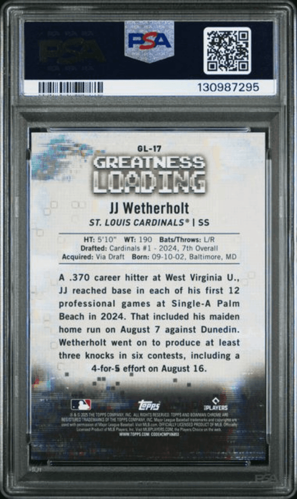 Graded 2025 Topps Bowman JJ Wetherholt #GL17 Greatness Loading Aqua Refractor /125 Rookie RC Baseball Card PSA 10 Gem Mint