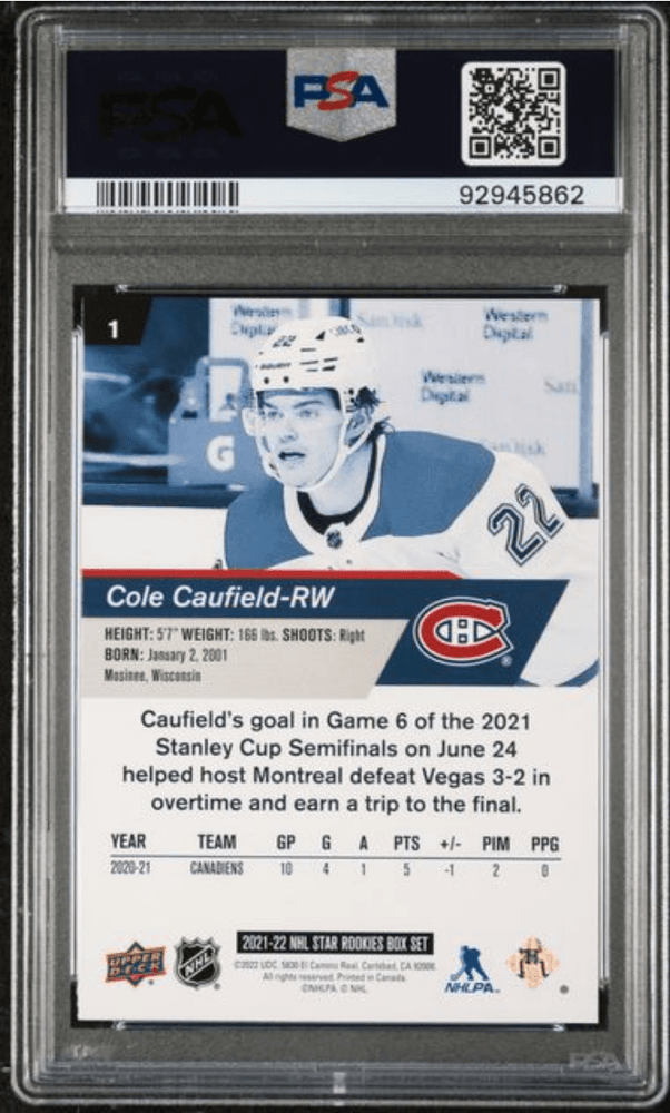 Graded 2021 Upper Deck Cole Caufield #1 NHL Star Rookies Box Set Rookie RC Hockey Card PSA 10 Gem Mint