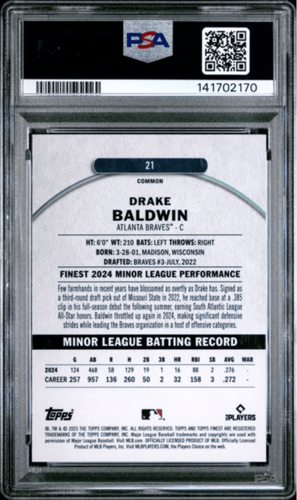 Graded 2025 Topps Finest Drake Baldwin #21 Purple Refractor /250 Rookie RC Baseball Card PSA 10 Gem Mint